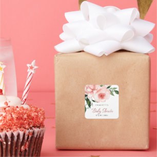 Sticker Carré Baby shower floral rose pâle