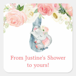 Sticker Carré Baby shower floral rose vif mignon pour bébé éléph