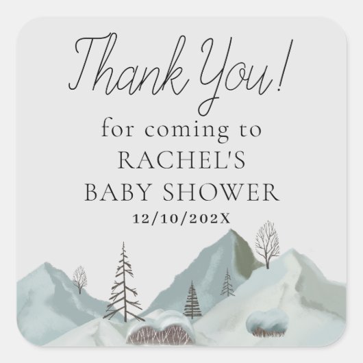 Sticker Carré Baby shower forestier d'hiver Merci (Devant)