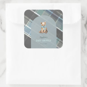 Sticker Carré Baby shower Garçon en peluche gris et bleu plaid