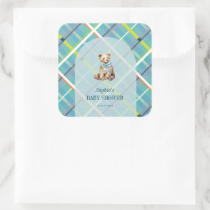 Sticker Carré Baby shower garçon en peluche turquoise