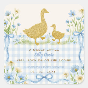 Sticker Carré Baby Shower Garçon Silly Goose Fleurs Ruban Bleu