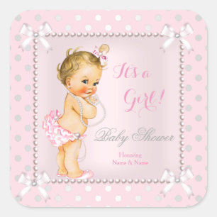 Sticker Carré Baby shower Girl rose Grey Pearl Blonde