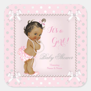 Sticker Carré Baby shower Girl rose Grey Pearl Ethnique
