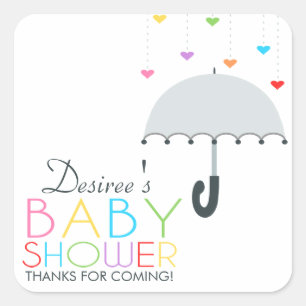 Sticker Carré Baby shower gris de parapluie de gouttes de pluie