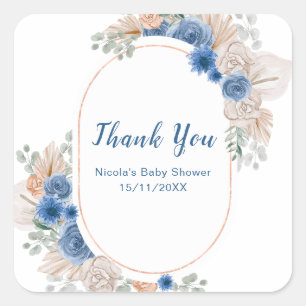 Sticker Carré Baby Shower Herbe de Pampas Bleue Bohème