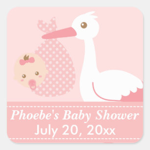 Sticker Carré Baby Shower - La cigogne livre une adorable petite
