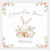 Sticker Carré Baby Shower Lapin aux Fleurs Roses (Devant)