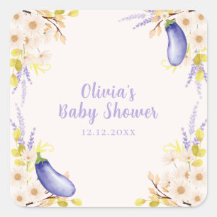 Sticker Carré Baby shower Lavande Daisy Aubergine de Printemps