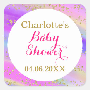 Sticker Carré Baby Shower Licorne Coloré Paillettes Dorées Fille