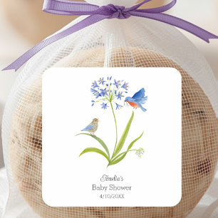 Sticker Carré Baby Shower Lily avec Mère et Bébé Oiseau Bleu