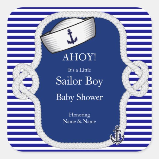 Sticker Carré Baby shower marin Casquette Boy Blue Stripe (Devant)