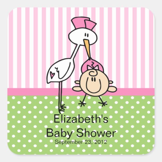 Sticker Carré Baby shower mignon de bébé de cigogne (Devant)