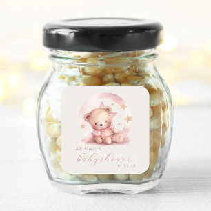 Sticker Carré Baby Shower Mignon Ours Aquarelle Fille