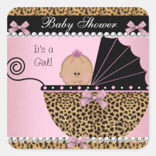 Sticker Carré Baby shower mignonne bébé fille léopard rose