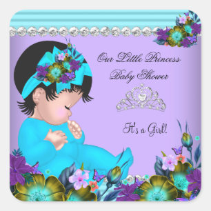 Sticker Carré Baby shower mignonne fille Turquoise bleu pourpre