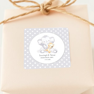 Sticker Carré Baby shower moderne bébé éléphant Favoriser