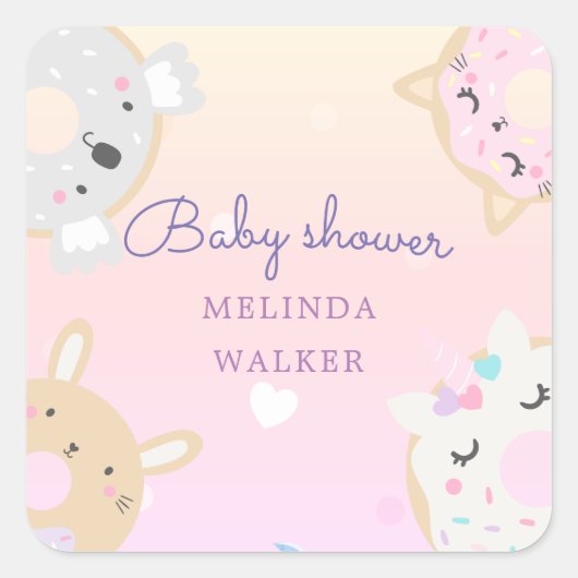 Sticker Carré baby shower monogramme de beignes animaux mignons (Devant)