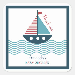 Sticker Carré Baby shower nautique rouge et bleu NAISSANCE