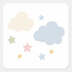 Sticker Carré Baby Shower Nuages Pastels et Étoiles