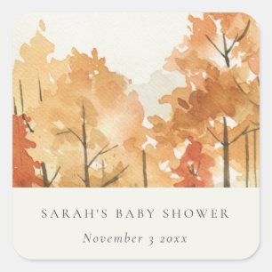 Sticker Carré Baby Shower Orange Jaune Rouille Automne Arbre