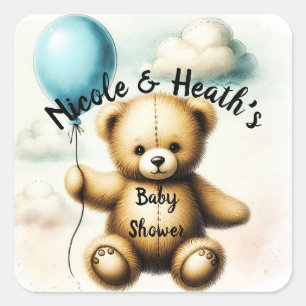 Sticker Carré Baby Shower Ourson en Peluche Ballon Bleu