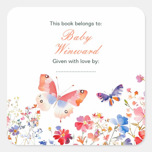 Sticker Carré Baby Shower Papillon Floral d'Été (Devant)