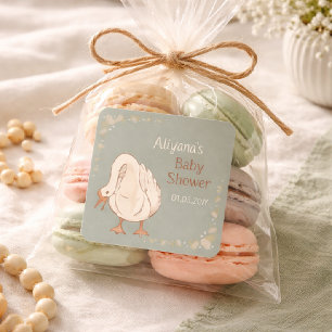 Sticker Carré Baby Shower Personnalisé Minimal Boho Silly Goose
