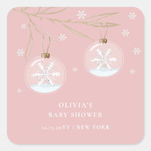 Sticker Carré Baby shower Pink Gold Winter Snowflake