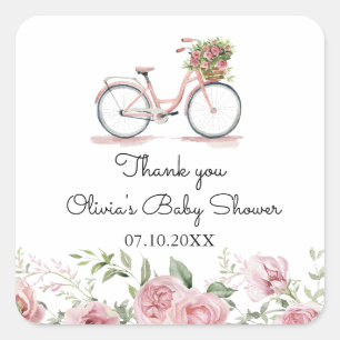 Sticker Carré Baby shower pour fille à vélo Vintage rose mou