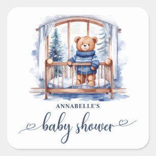 Sticker Carré Baby shower pour garçons d'hiver Teddy Bear