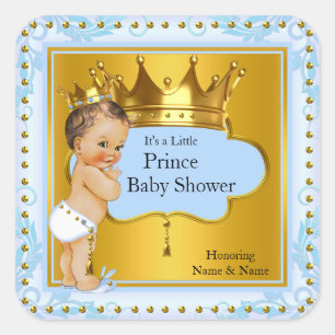 Sticker Carré Baby Shower Prince Garçon Bleu Or Couronne Brunett