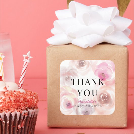 Sticker Carré Baby shower Rose bébé en fleurs aquarelle (Fête)