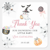 Sticker Carré Baby Shower Rose Bébé Fantôme et Citrouilles Migno (Devant)