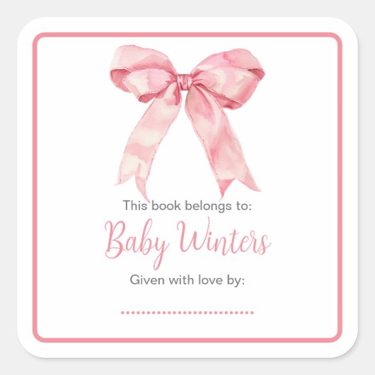 Sticker Carré Baby shower rose Coquette Bow (Devant)