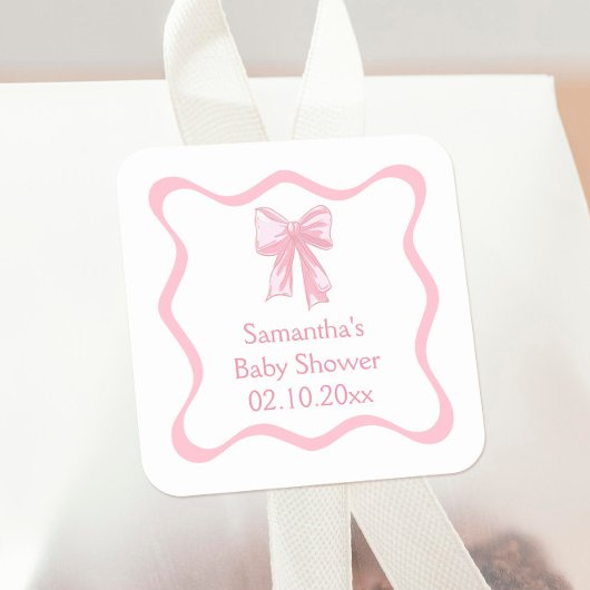 Sticker Carré Baby shower rose Coquette Bow