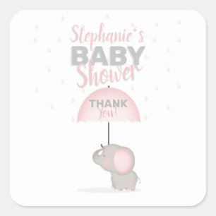 Sticker Carré Baby shower rose éléphant bébé