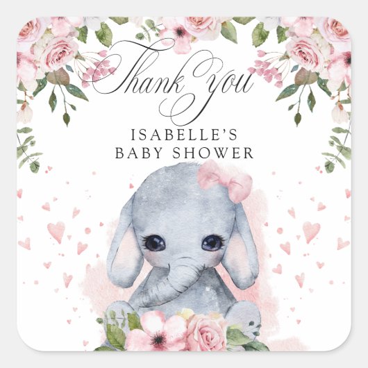 Sticker Carré Baby shower rose Eléphant Merci (Devant)