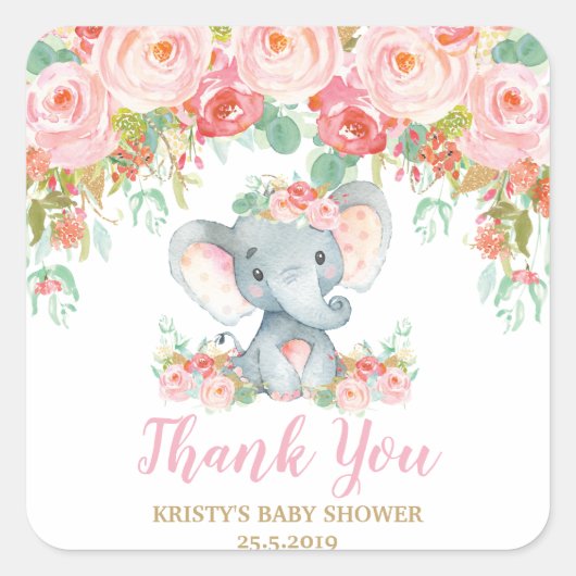 Sticker Carré Baby shower rose Floral Eléphant Fille Faveur (Devant)