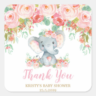 Sticker Carré Baby shower rose Floral Eléphant Fille Faveur