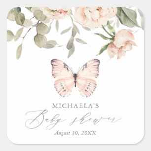 Sticker Carré Baby shower rose floral papillon fille