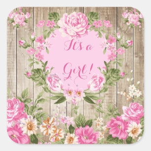 Sticker Carré Baby Shower Rose Floral Rustique Bois Fille