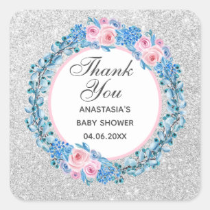 Sticker Carré Baby shower Rose Merci rose argent