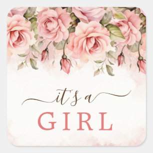 Sticker Carré Baby shower Rose roux C'est une fille