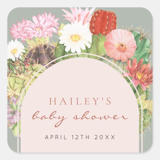 Sticker Carré Baby shower Sage Green Boho Bloom Cactus (Devant)