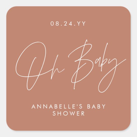 Sticker Carré Baby shower script moderne terre cuite élégante (Devant)