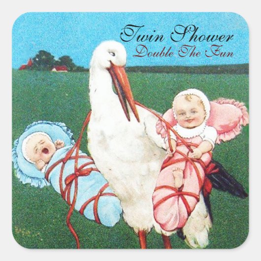 STICKER CARRÉ BABY SHOWER STORK TWIN (Devant)