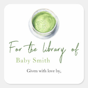 Sticker Carré Baby shower Tea Matcha - Pour la bibliothèque de