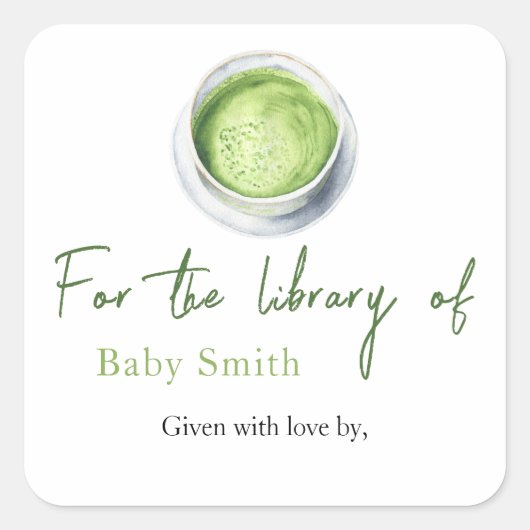 Sticker Carré Baby shower Tea Matcha - Pour la bibliothèque de (Devant)
