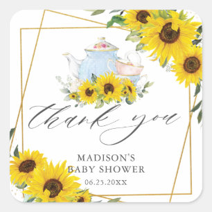 Sticker Carré Baby shower Tournesol Tea Party Merci Favoriser